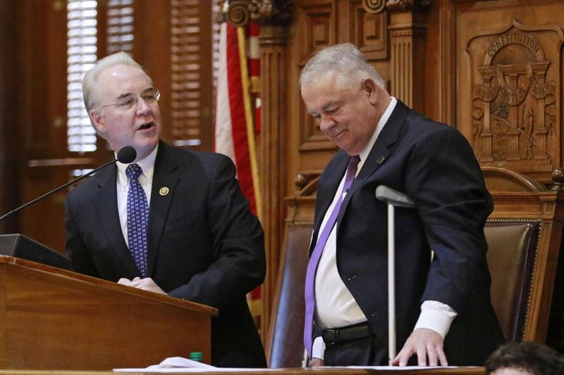 Rep. Tom Price (left), visiting in the state House last year, fought for liability caps on medical malpractice lawsuits when he served in the state Senate. BOB ANDRES / BANDRES@AJC.COM