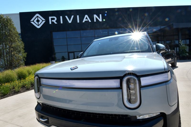 The R1T electric vehicle sits outside the Rivian Plant in Normal, Ill., on July 20, 2022. (Photo for the Atlanta Journal Constitution by Ron Johnson)