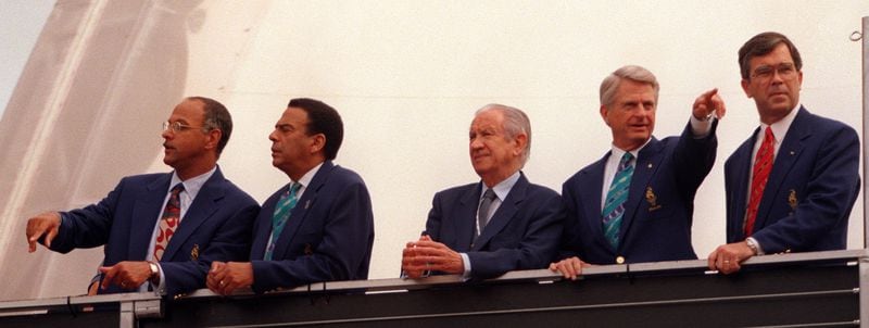 Shown at the reopening of Centennial Olympic Park Tuesday, July 29, 1996 are (l-r) Atlanta Mayor Bill Campbell, Andrew Young, Juan Samaranch, Zell Miller and Billy Payne during the 1996 Summer Olympic Games in Atlanta, Georgia. (AJC Staff Photo/David Cruz) 7/96