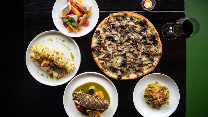 Tre Vele, a new Italian restaurant, doesn't plan to focus on just one region of Italy. Its offerings include Pizza Vegano (counterclockwise, from top right), Caprese, Spaghetti, Branzino, and Pappardelle with lamb ragu. (Mia Yakel for The Atlanta Journal-Constitution)