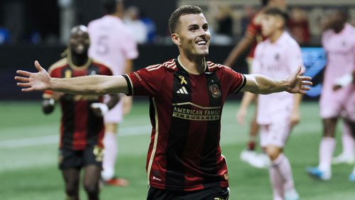 Atlanta United defender Brooks Lennon (11) reacts after scoring his team’s third goal against Inter Miami during the first half of an MLS soccer match at Mercedes-Benz Stadium on Saturday, Sept. 16, 2023, in Atlanta.  Miguel Martinez / miguel.martinezjimenez@ajc.com
