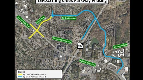 Big Creek Parkway would be a new road parallel to Holcomb Bridge Road in Roswell. The Roswell City Council has hit the “pause” button on the project as it seeks to meet with officials of the state, county and MARTA to talk about future transportation plans. CITY OF ROSWELL
