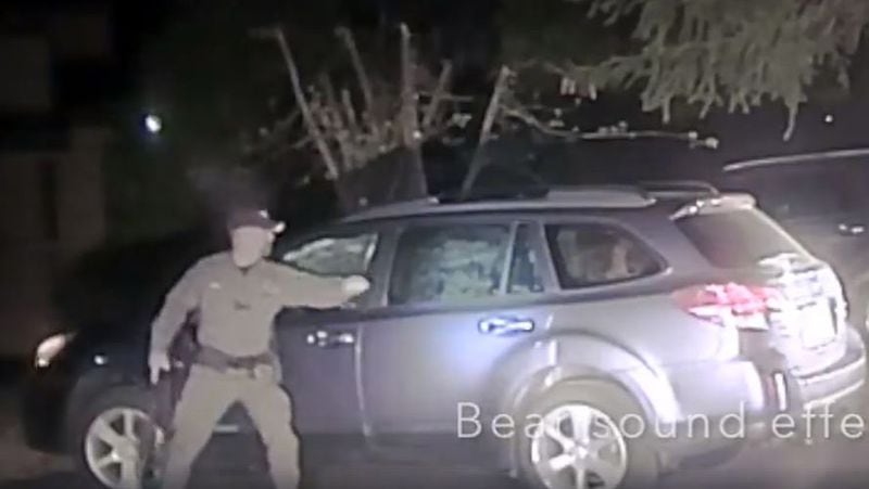 A Placer County Sheriff's deputy had to break the window of a Subaru Outback near Lake Tahoe to rescue a bear trapped inside.