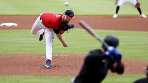 Braves starting pitcher Ian Anderson delivers to a Miami Marlins batter during the first inning at Truist Park Friday, May 27, 2022, in Atlanta. (Jason Getz / Jason.Getz@ajc.com)