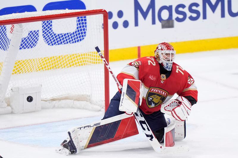 A shot from Tampa Bay Lightning defenseman Victor Hedman gets past Florida Panthers goaltender Sergei Bobrovsky for a goal during the second period of Game 5 of the first-round of an NHL Stanley Cup Playoff series, Monday, April 29, 2024, in Sunrise, Fla. (AP Photo/Wilfredo Lee)