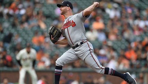 Jonny Venters of the Braves pitches against the Giants at AT&T Park on Sept. 12, 2018 in San Francisco. (Photo by Thearon W. Henderson/Getty Images)
