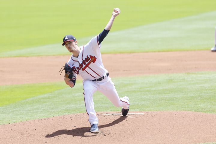 Braves starting pitcher Max Fried (54) delivers to an Astros batter in the first inning at Truist Park, Sunday, April 23, 2023, in Atlanta. Miguel Martinez / miguel.martinezjimenez@ajc.com 