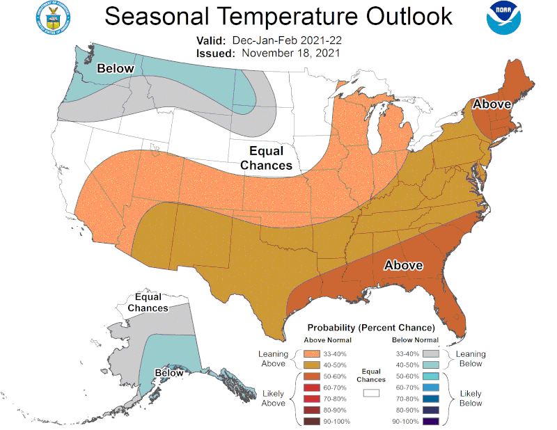 New projections released on November 18, 2021 by NOAA show a strong likelihood that temperatures across much of Georgia will be above average this winter.