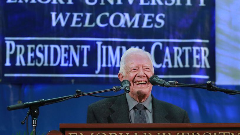 Former President Jimmy Carter takes the podium to answer questions from students during his annual town hall with Emory University freshmen in the campus gym on Sept 12, 2018, in Atlanta. CURTIS COMPTON / CCOMPTON@AJC.COM