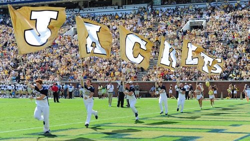Members of the Georgia Tech Yellow Jackets Cheerleaders perform during the game against Jacksonville State Gamecocks on September 9, 2017 in Atlanta. (Photo by Scott Cunningham/Getty Images)