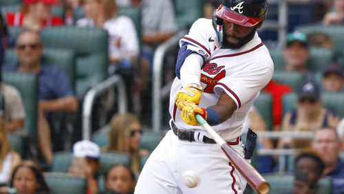 Atlanta Braves' Michael Harris II records his first major-league hit in the sixth inning. (AP Photo/Bob Andres)