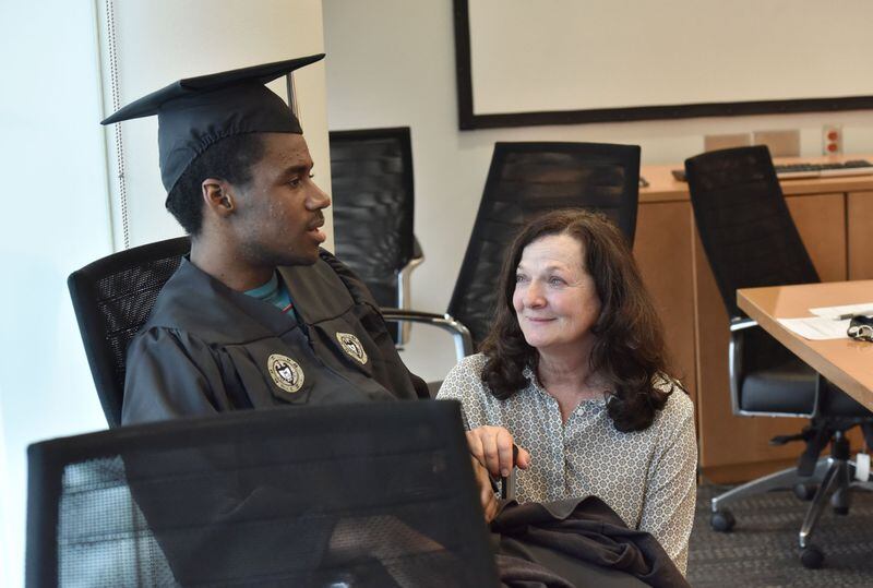 Rene Reese, right, career development coordinator, talks to Rashad Isaac, a student in the EXCEL program for students with intellectual disabilities at Georgia Tech’s Scheller College of Business. 