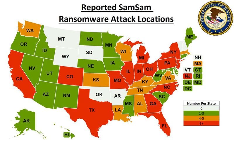 This map issued by the Justice Department reveals the scope of the ransomware attack that struck the city of Atlanta government computers and more than 200 victims across the country, including hospitals, local governments and public institutions. SOURCE: U.S. Justice Department