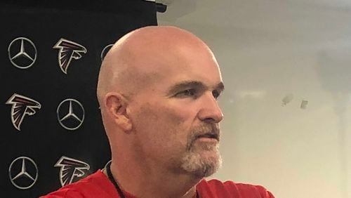 Falcons coach Dan Quinn addressing the media on Wednesday, Oct. 10, 2018 in Flowery Branch before practice. (D. Orlando Ledbetter/dledbetter@ajc.com)