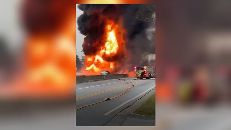 One person was killed Saturday morning in a fiery crash that has all lanes of I-85 blocked in Gwinnett County.