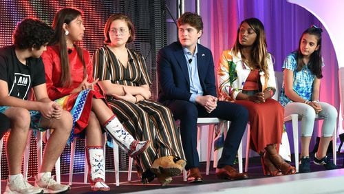 Jane Fonda said the teens who joined her on stage at the 2018 GCAPP Youth Empowerment Summit on Oct. 5 “have all sought ways to reach out to other young people to help them.” RICK DIAMOND / GETTY IMAGES