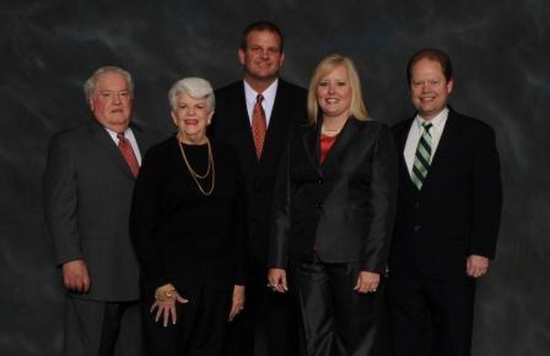 Buford school board, from left to right: Phillip Beard, Pat Pirkle, Daren Perkins, Beth Lancaster and Bruce Fricks. (Buford school district)