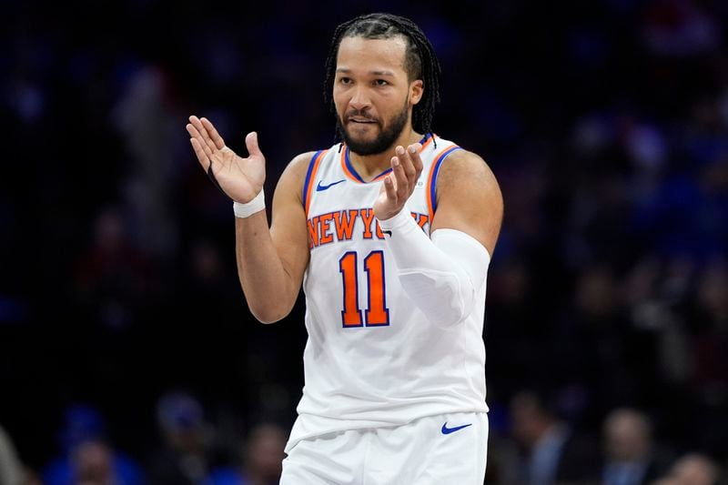 New York Knicks' Jalen Brunson reacts during the first half of Game 3 in an NBA basketball first-round playoff series against the Philadelphia 76ers, Thursday, April 25, 2024, in Philadelphia. (AP Photo/Matt Slocum)