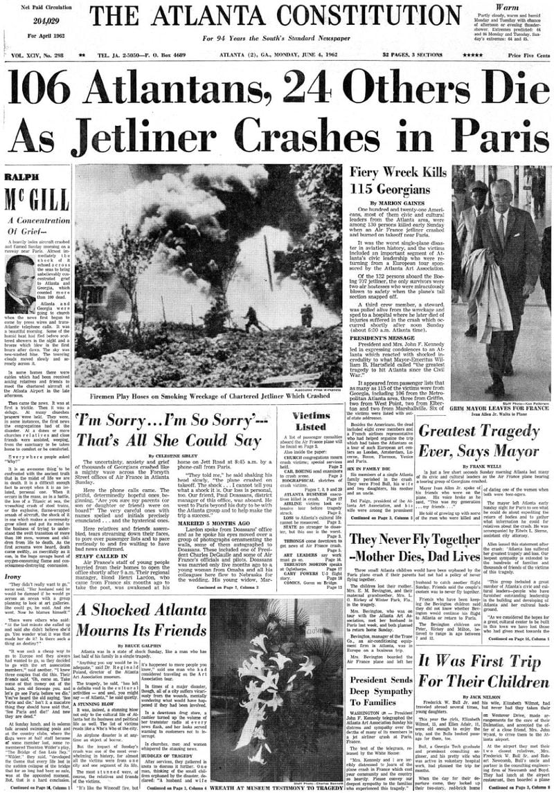 The June 4, 1962, front page of the Atlanta Constitution gave Atlantans the tragic news that over 100 of their fellow citizens had perished in the Orly plane crash. Ralph McGill’s column appeared on the left of the page, just below the main headline, “106 Atlantans, 24 Others Die As Jetliner Crashes in Paris”