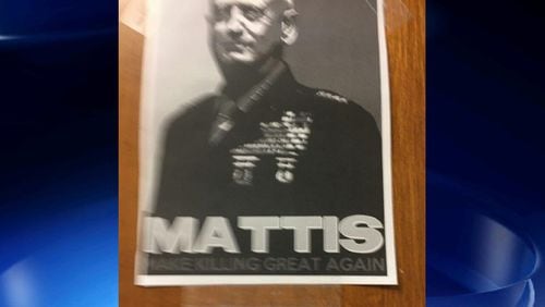 The Atlanta Veterans Administration hospital in DeKalb County is investigating a "Make Killing Great Again" poster a staffer allegedly put up featuring Secretary of Defense James Mattis. The phrase plays on President Donald Trump's slogan.