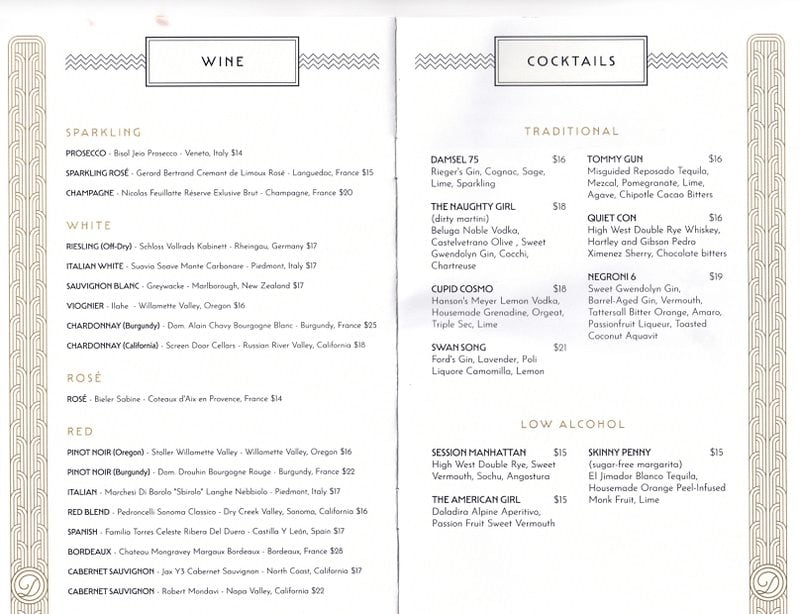 Damsel wine and cocktail list