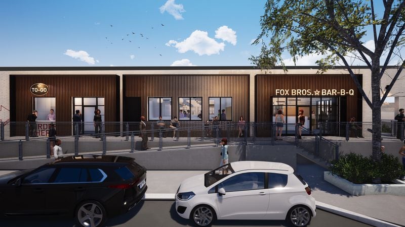A rendering of the front of Fox  Bros. Bar-B-Q at The Works.