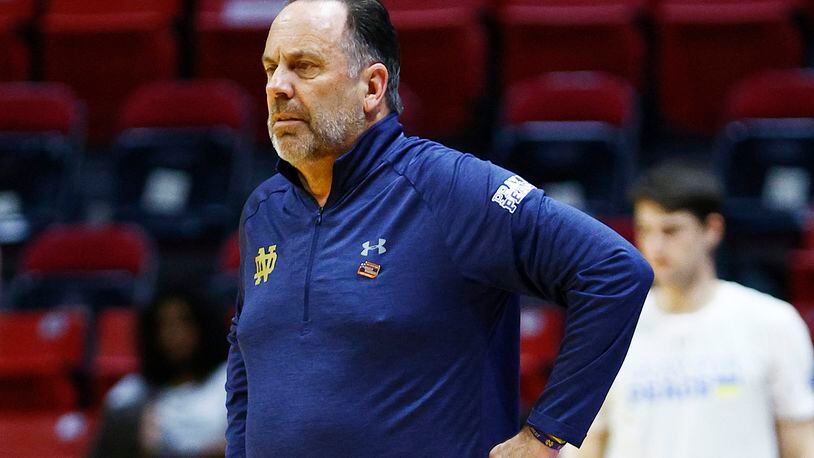 Notre Dame head coach Mike Brey looks on during action against Texas Tech in the second round of the NCAA Tournament at Viejas Arena on March 20, 2022, in San Diego. (Ronald Martinez/Getty Images/TNS)