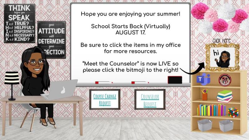Jessica Cooper, an eighth grade school counselor in DeKalb County, picked a wallpaper in favorite shade, pink, to decorate her virtual counseling office. The virtual space also links to important resources and directs students where to go to request a course change.  Cooper spent about six hours creating her first virtual space: "Once I got going it was so much fun. My students are going to love this," she said.