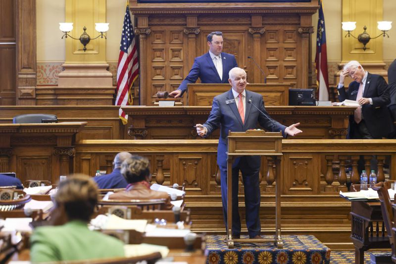 Sen. Max Burns, R - Sylvania, speaks in favor of SB 222 as Lt. Gov. Burt Jones quiets the Senate Chambers during the debate on day 40 of the legislative session at the State Capitol on Wednesday, March 29, 2023. SB 222 makes it a felony for county election offices to receive money from nonprofit organizations following Republican complaints that Democratic areas received more donations. Jason Getz / Jason.Getz@ajc.com)
