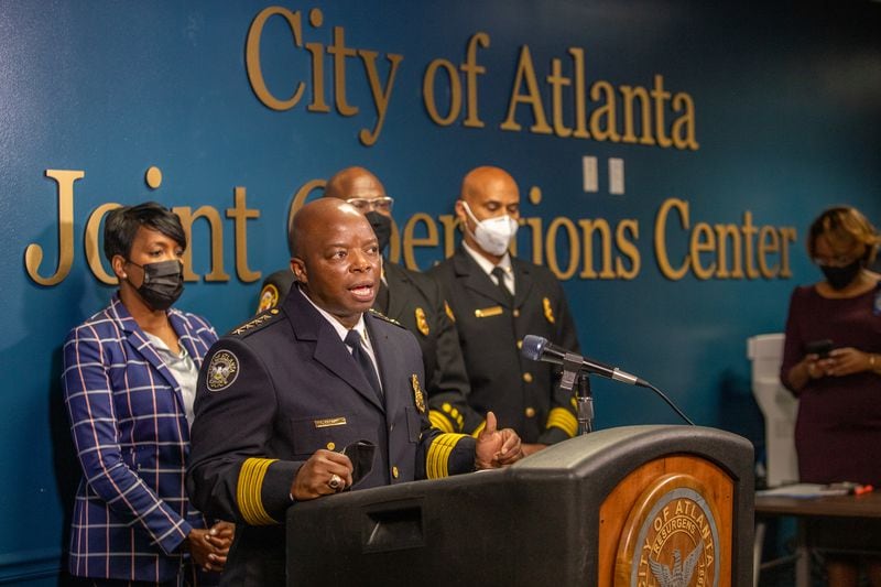 After the approval vote of the Public Safety Training Center this week, Atlanta Police Chief Rodney Bryant addresses address questions about the facility, its location and the concerns of the community Thursday, Sept 9, 2021.  (Jenni Girtman for The Atlanta Journal-Constitution)