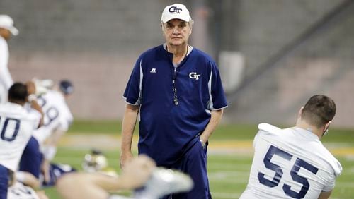 Georgia Tech head coach Paul Johnson walks through an NCAA college football practice in Atlanta, Monday, March 27, 2017. Coming off a nine-win season, Georgia Tech begins spring football practice Monday with all eyes on the quarterback position after the departure of three-year starter Justin Thomas. (AP Photo/David Goldman)