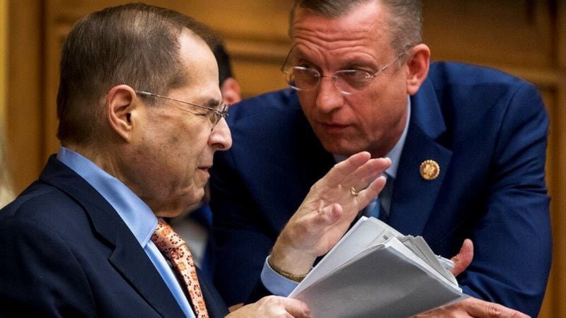 Chairman Jerrold Nadler, D-N.Y., left, and Ranking Member Rep. Doug Collins, R-Ga., right, speak following a House Judiciary Committee hearing without former White House Counsel Don McGahn, who was a key figure in special counsel Robert Mueller's investigation, on Capitol Hill in Washington, Tuesday, May 21, 2019. President Donald Trump directed McGahn to defy a congressional subpoena to testify but the committee's chairman, Rep. Jerrold Nadler, D-N.Y., has threatened to hold McGahn in contempt of Congress if he doesn't appear.  