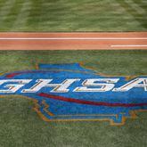 051722 Peachtree Corners: The Georgia High School Association or GHSA logo is painted on the baseball field before Wesleyan’s game against Mount Paran in the Private A semifinal playoff series at Wesleyan School Tuesday, May 17, 2022, in Peachtree Corners, Ga. (Jason Getz / Jason.Getz@ajc.com)