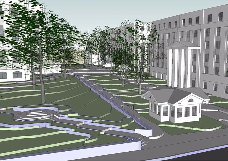 A conceptual drawing shows what Mitchell Street would look like from the west if it were permanently closed and a guardhouse were installed at its entrance. The Judicial Building is shown on the right.