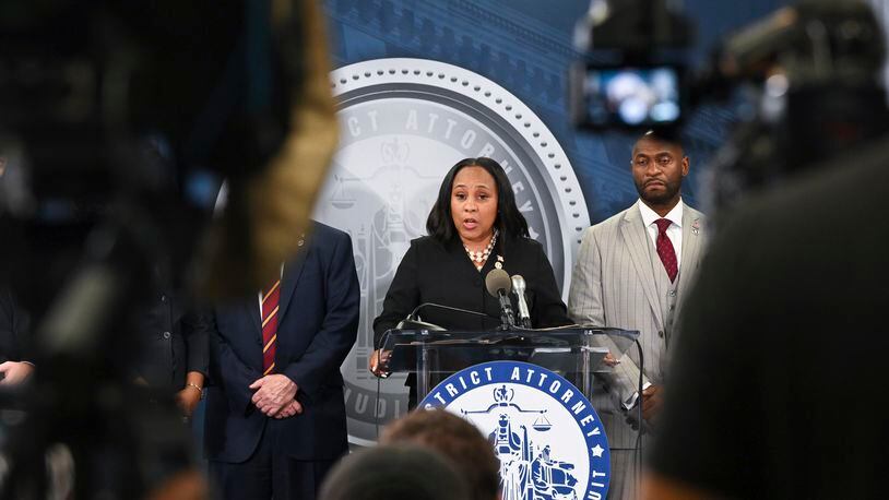 
                        FILE — Fulton County District Attorney Fani Willis holds a press conference announcing the indictment of former President Donald Trump, in Atlanta, Ga., on Monday, Aug. 14, 2023. Willis accused Rep. Jim Jordan (R-Ohio) of trying to obstruct her prosecution of the racketeering case against Donald Trump and his allies. (Kenny Holston/The New York Times)
                      