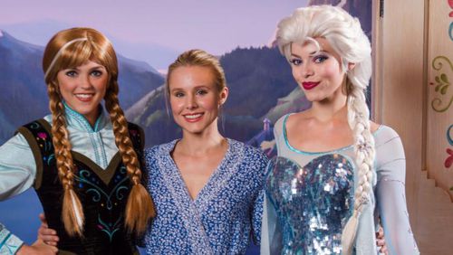 LAKE BUENA VISTA, FL - SEPTEMBER 07:  In this handout photo provided by Disney Parks, Actress Kristen Bell visits Anna and Elsa of Disney's "Frozen," Thursday, September 7, 2017, in the Norway pavilion at Epcot at Walt Disney World Resort in Lake Buena Vista, Florida. (Photo by Steven Diaz/Disney Parks via Getty Images)