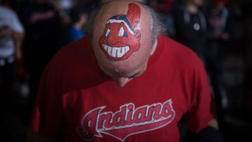 Jim Schulz of Elyria shows off his Cleveland Indians mascot painted head outside of Progressive Field prior to game 6 of the World Series against the Chicago Cubs on November 1, 2016 in Cleveland, Ohio. (Photo by Justin Merriman/Getty Images)