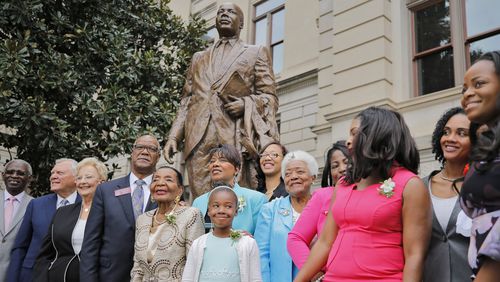 8/26/17 - Atlanta, GA - Georgia leaders, including Gov. Nathan Deal, Sandra Deal, members of the King family, and Rep. Calvin Smyre, were on hand for unveiling of the first statue of Martin Luther King Jr. on Monday at the statehouse grounds, more than three years after Gov. Nathan Deal first announced the project. During the hour-long ceremony leading to the unveiling of the statue of Martin Luther King Jr. at the state Capitol on Monday, many speakers, including Gov. Nathan Deal, spoke of King&#039;s biography. The statue was unveiled on the anniversary of King&#039;s famed &#034;I Have Dream&#034; speech. BOB ANDRES /BANDRES@AJC.COM