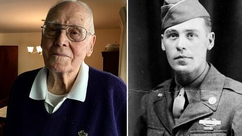 Elbert Dobbs, a 96-year-old retired truck driver who lives in Peachtree City, got called up to serve in the U.S. Army in 1944. At war’s end, he was in Austria, near one of Hitler’s vacation homes. The photo at the right was taken 72 years ago. (left: MARK DAVIS / right: Family photo)