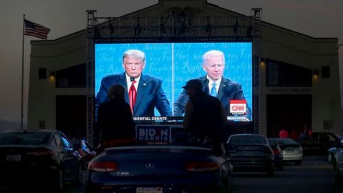 
                        FILE — A drive-up presidential debate watch party at Fort Mason in San Francisco, Oct. 22, 2020. In a matter of hours, CNN and ABC outmaneuvered their rivals and landed a coveted pair of Biden-Trump prime-time debates. (Jim Wilson/The New York Times)
                      