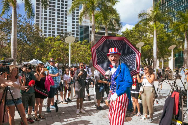 A supporter of former president Donald Trump dressed as Uncle Sam outside the Wilkie D. Ferguson Jr. U.S. Courthouse in Miami on Tuesday morning, June 13, 2023.. (Saul Martinez/The New York Times)
