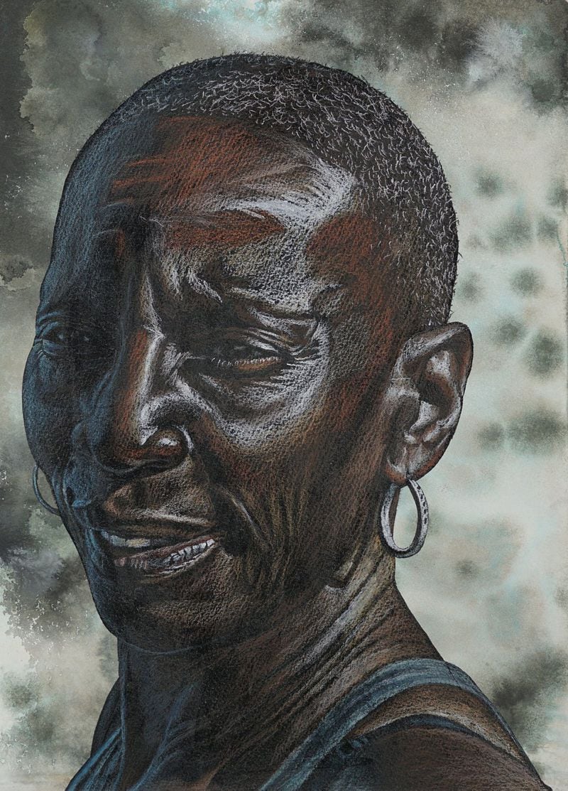 “Ms. Brenda” in conte, acrylic and charcoal on paper by Alfred Conteh.