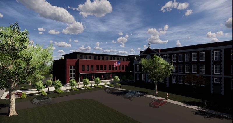 A preliminary rendering dated May 24, 2019, of the Grady High School addition and renovation project, as shown from the south side.  Rendering by  Cooper Carry, Inc.