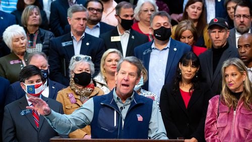 Gov. Brian Kemp has recovered some loss ground with the state's GOP base through his frequent attacks on "cancel culture" concerning the state's new election law. (STEVE SCHAEFER FOR THE ATLANTA JOURNAL-CONSTITUTION)