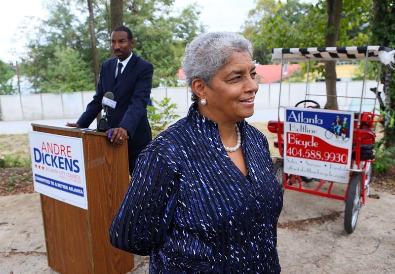 Former Atlanta Mayor Shirley Franklin makes a rare appearance to endorse Andre Dickens (left) for City Council at the Atlanta Beltline on Oct. 15, 2013, in Atlanta.