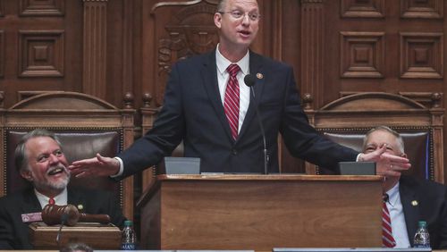 U.S. Rep. Doug Collins, center, in January addresses the Georgia House, where he served before entering Congress. House Speaker David Ralston, right, has formally endorsed Collins' bid for the U.S. Senate in a November special election. JOHN SPINK/JSPINK@AJC.COM