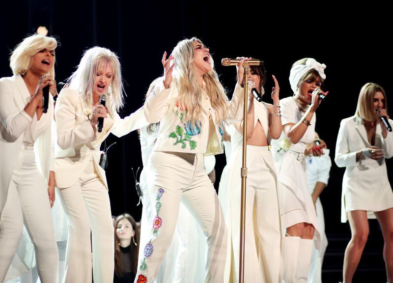  (L-R) Bebe Rexha, Cyndi Lauper, Kesha; Camila Cabello, Andra Day, Kesha and Julia Michaels perform onstage during the 60th Annual GRAMMY Awards at Madison Square Garden on January 28, 2018 in New York City. (Photo by Christopher Polk/Getty Images for NARAS)