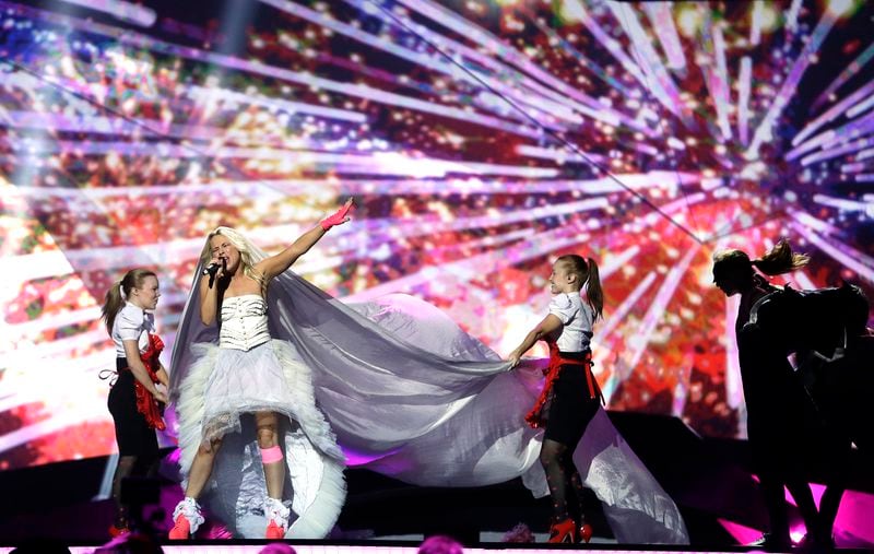 FILE - Krista Siegfrids of Finland performs her song "Marry Me" during a rehearsal for the final of the Eurovision Song Contest at the Malmo Arena in Malmo, Sweden, May 17, 2013. The 68th Eurovision Song Contest is taking place in May in Malmö, Sweden. It will see acts from 37 countries vie for the continent’s pop crown. Founded in 1956, Eurovision is a feelgood extravaganza that strives to banish international strife and division. It’s known for songs that range from anthemic to extremely silly, often with elaborate costumes and spectacular staging. (AP Photo/Alastair Grant, File)