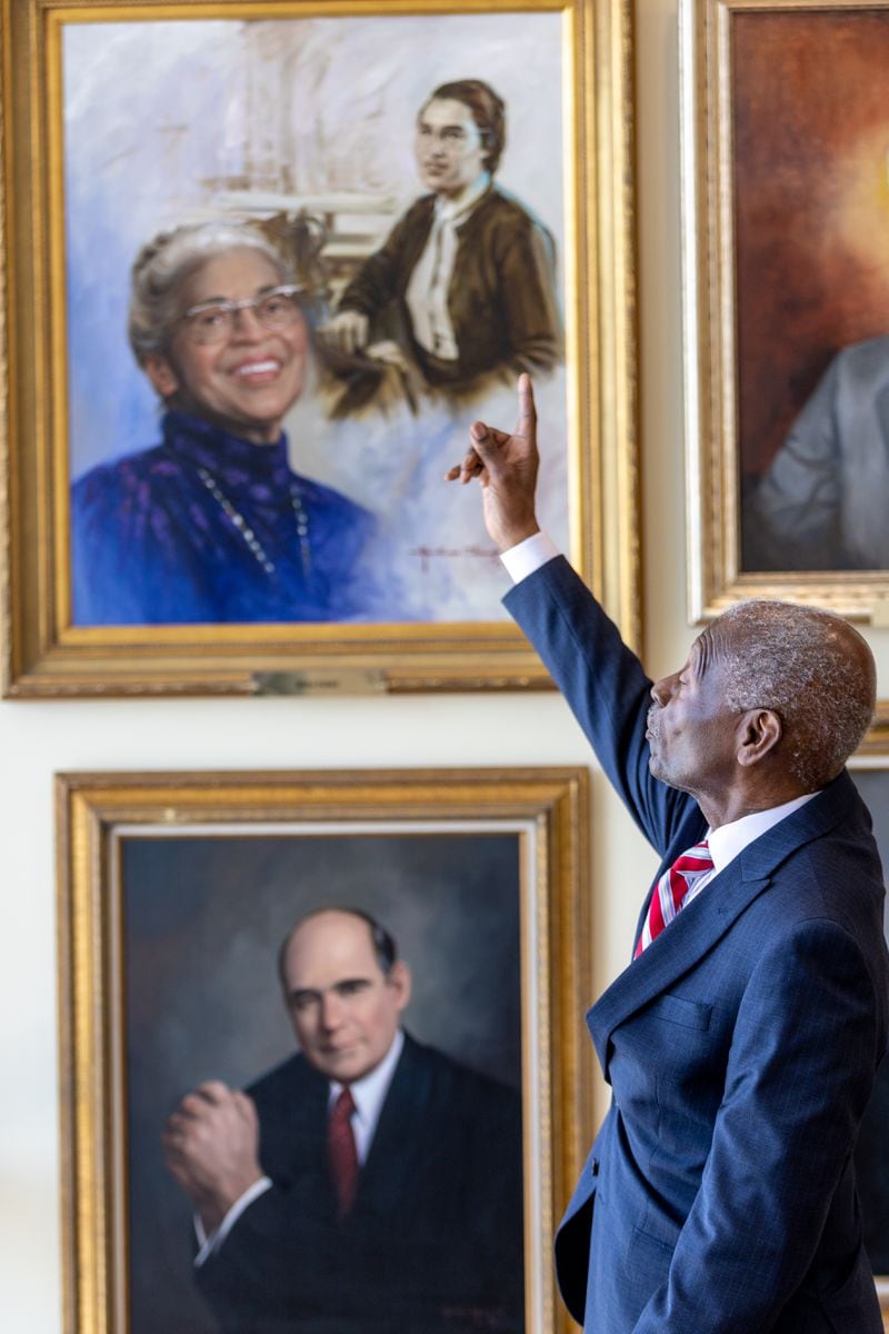 Dean Lawrence Carter poses for a portrait and talks about the painting of Rosa Parks in the Martin Luther King Jr. International Chapel on the Morehouse College campus Tuesday, October 11, 2022.  Steve Schaefer/steve.schaefer@ajc.com)