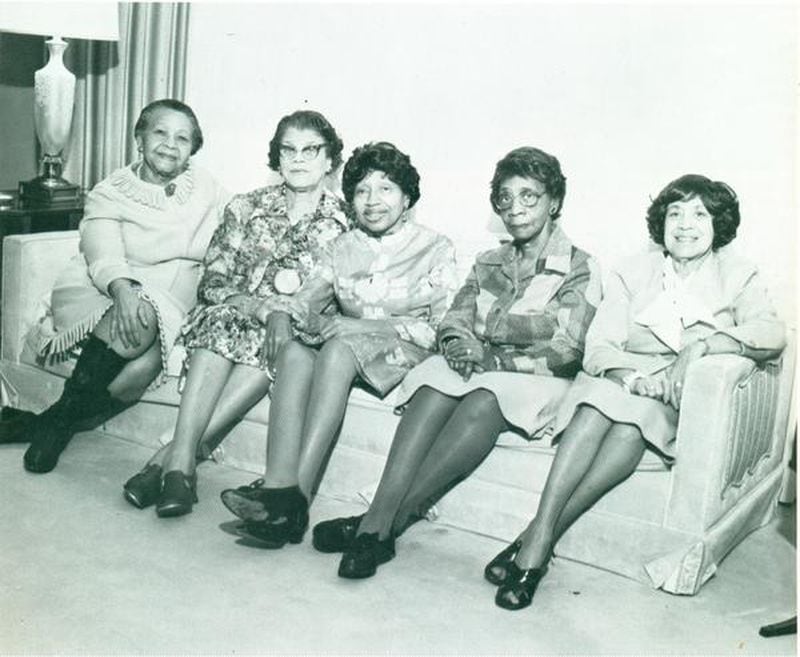 In this undated photograph, five of the seven founders of Sigma Gamma Rho, known as Pearls, gather for a reunion. Left to right: Dorothy Hanley Whiteside, Vivian Marbury, Nannie Mae Johnson, Hattie Redford, Mary Lou Allison Gardner Little.